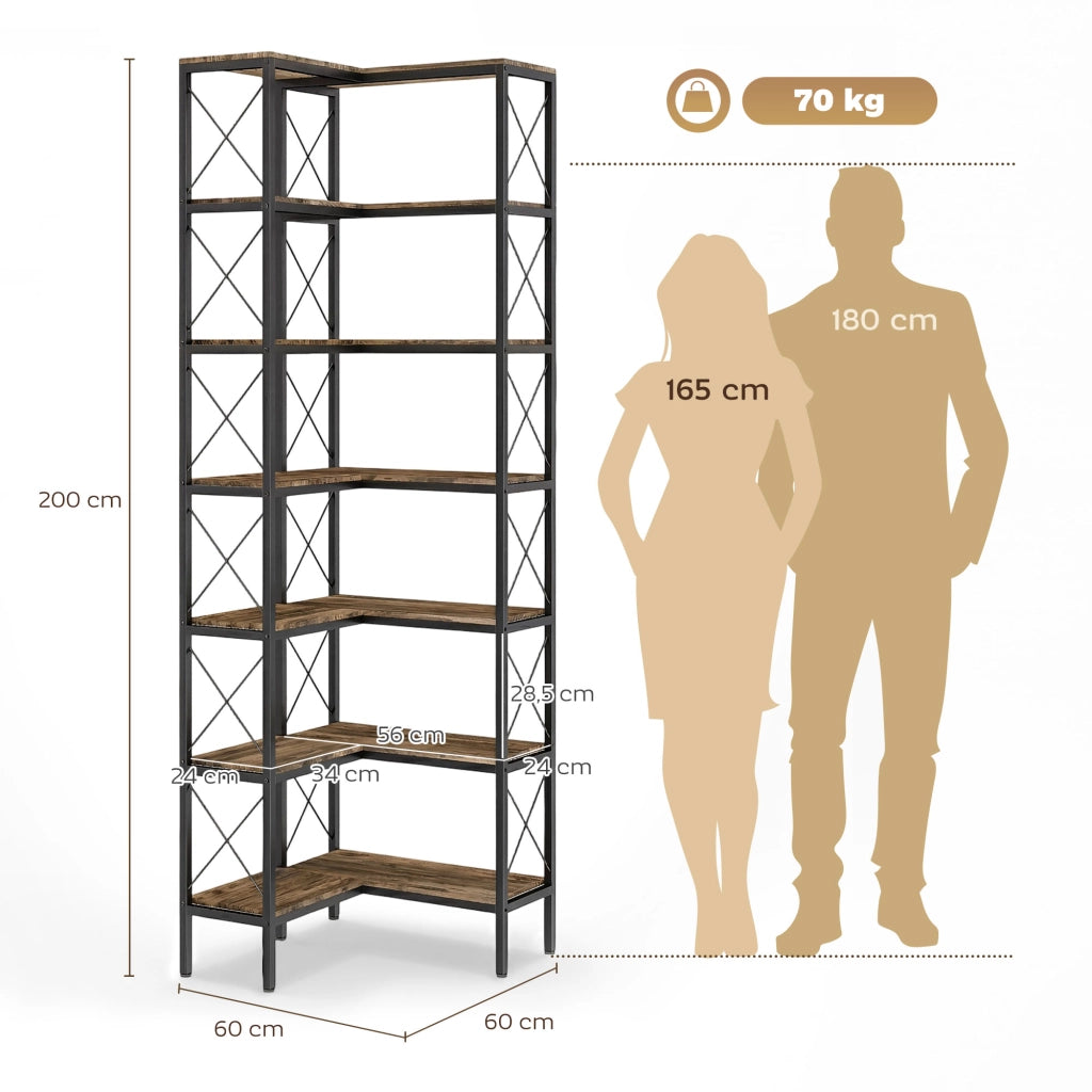 Libreria d'angolo a 6 livelli in metallo ¨C Minimal ¨C 60x60x200 cm marrone rustico