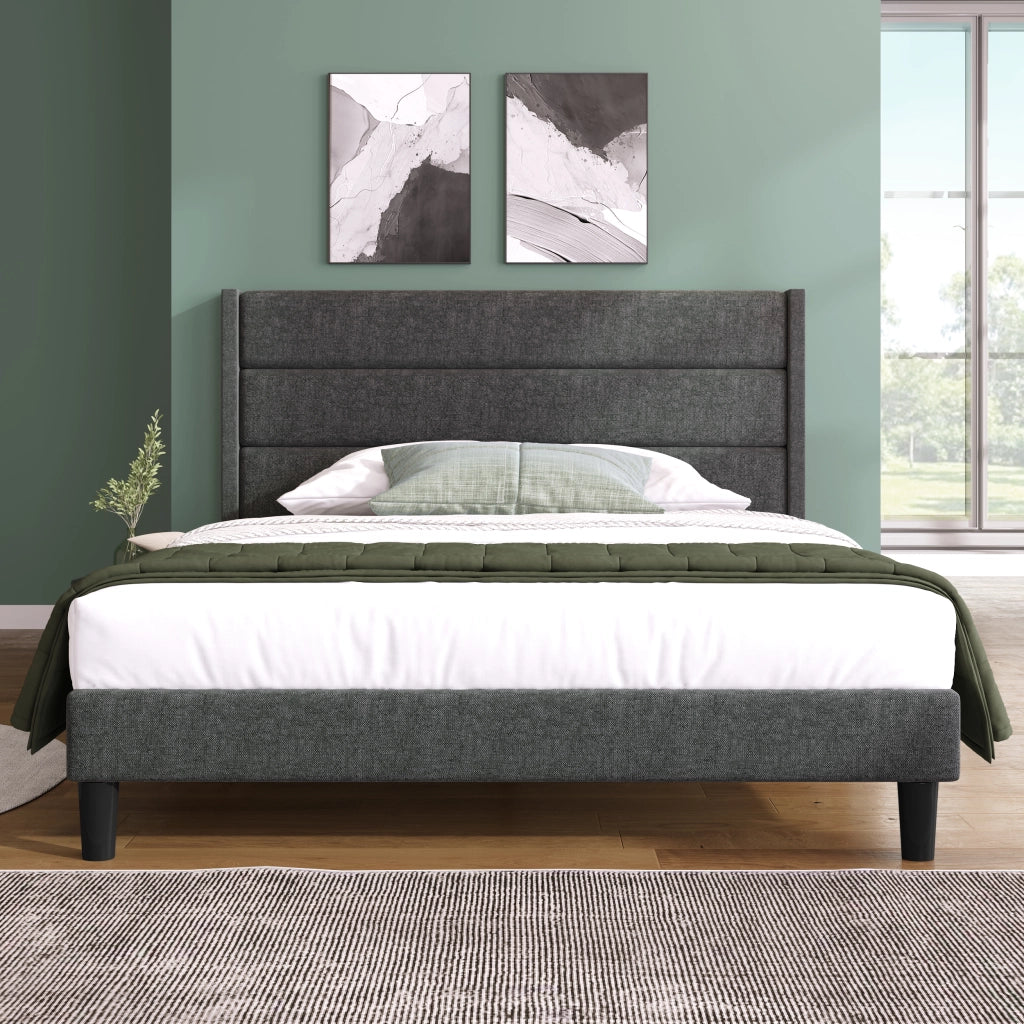 Letto matrimoniale imbottito 140x200 cm con testiera imbottita e rete a doghe; rivestimento in lino; grigio scuro