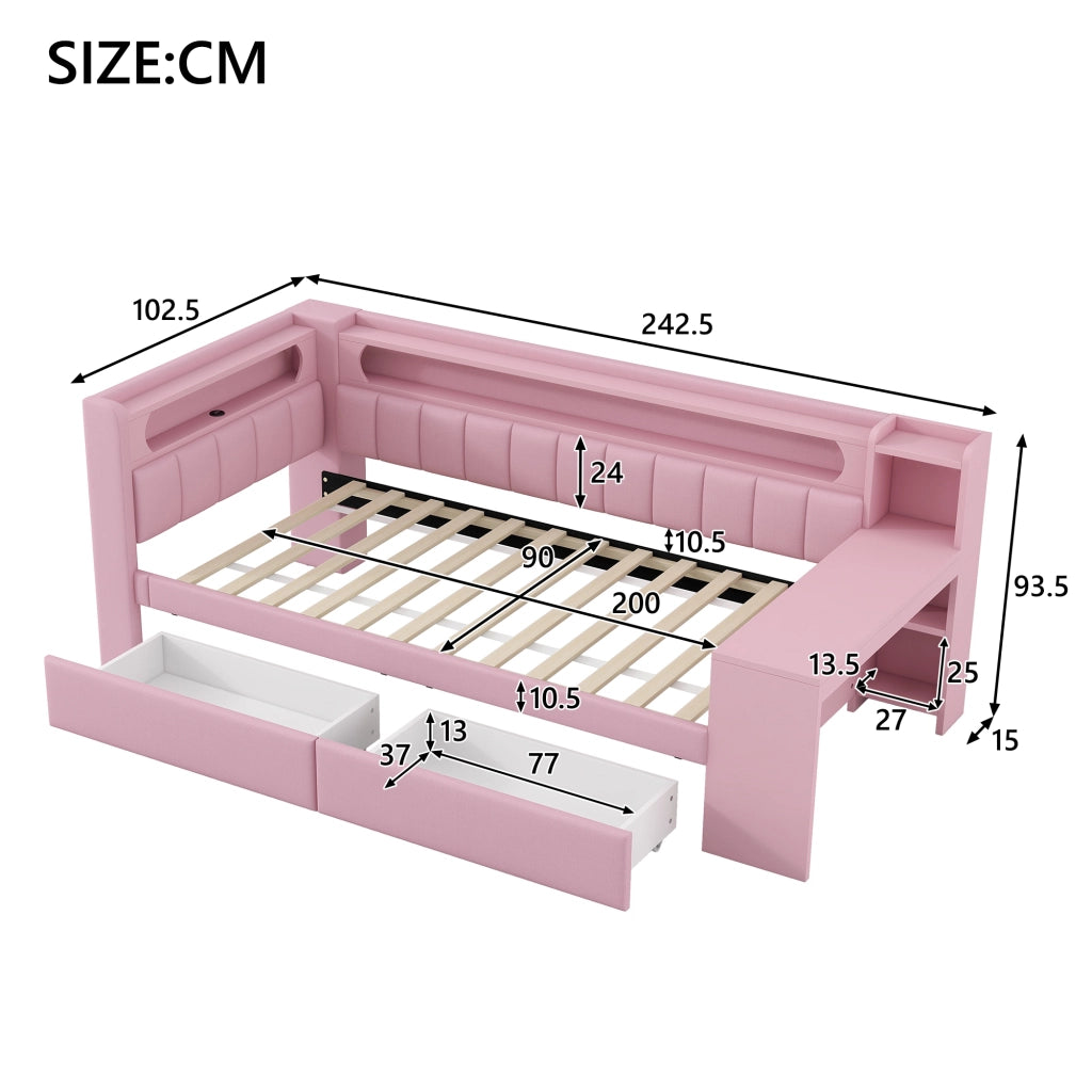 Lettino con scrivania 90x200; porte USB; striscia LED; 2 cassetti; rosa