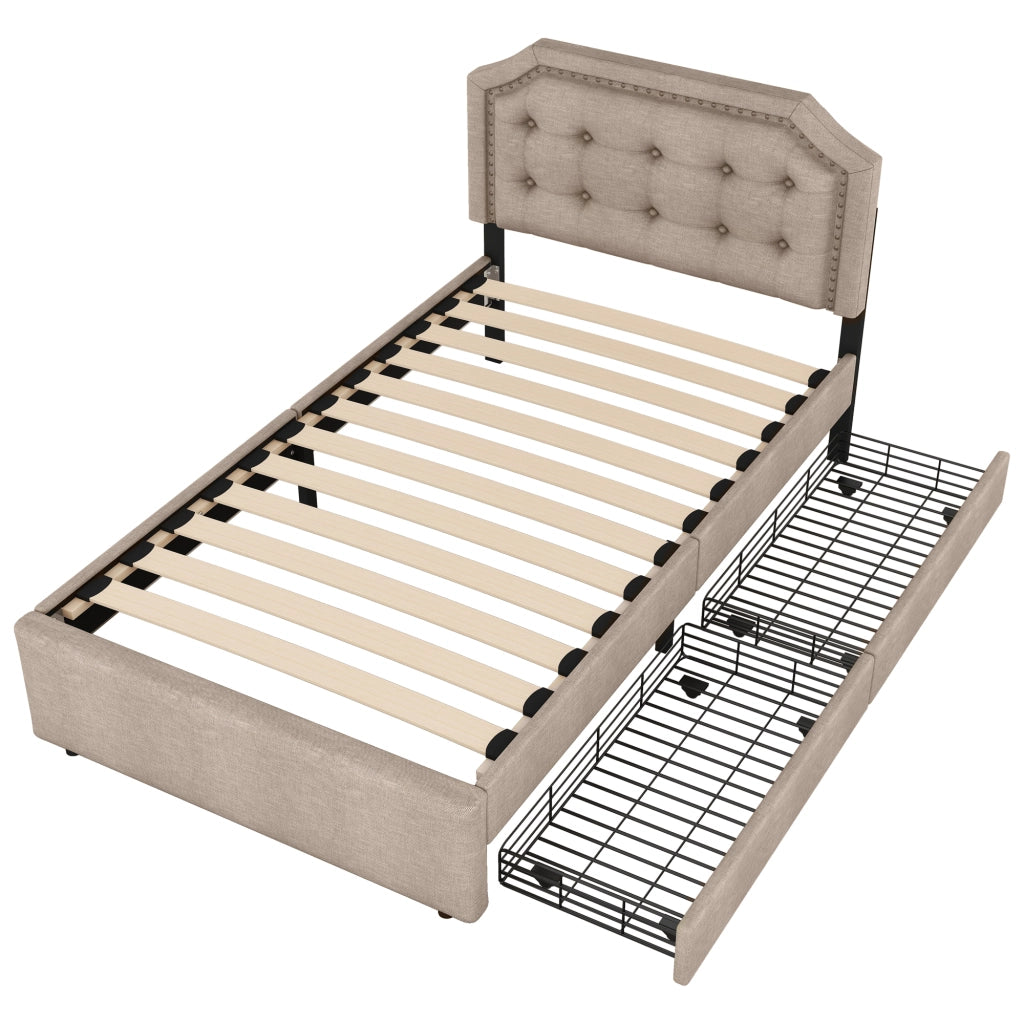 Letto singolo a profilo basso 90x200cm con montanti decorativi e cassetti doppi in beige scuro