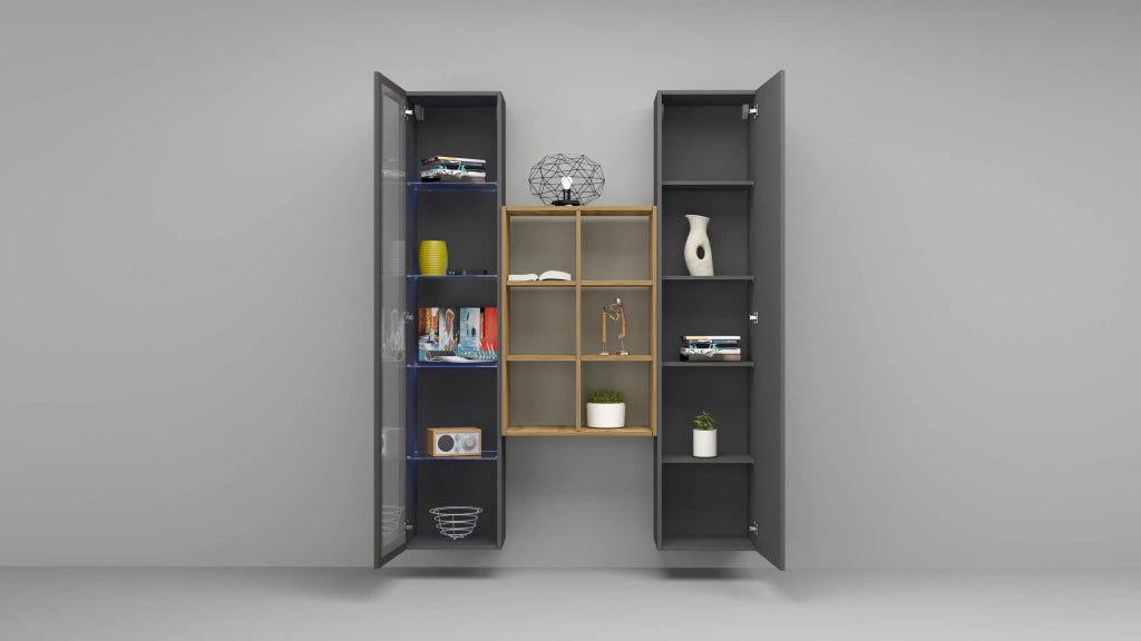 Parete attrezzata antracite moderna con vetrina armadio libreria legno Teret RT