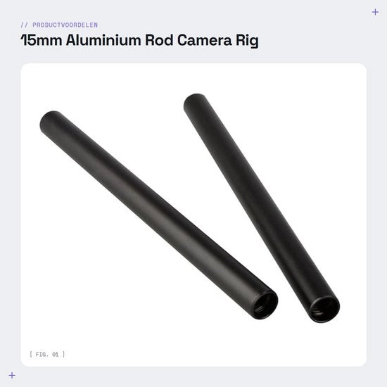 Accessori per rig di camera - Asta di alluminio - 15mm - Lunghezza 20 cm - Nero - Binari di alluminio robusti - Adatto per camera e monitor