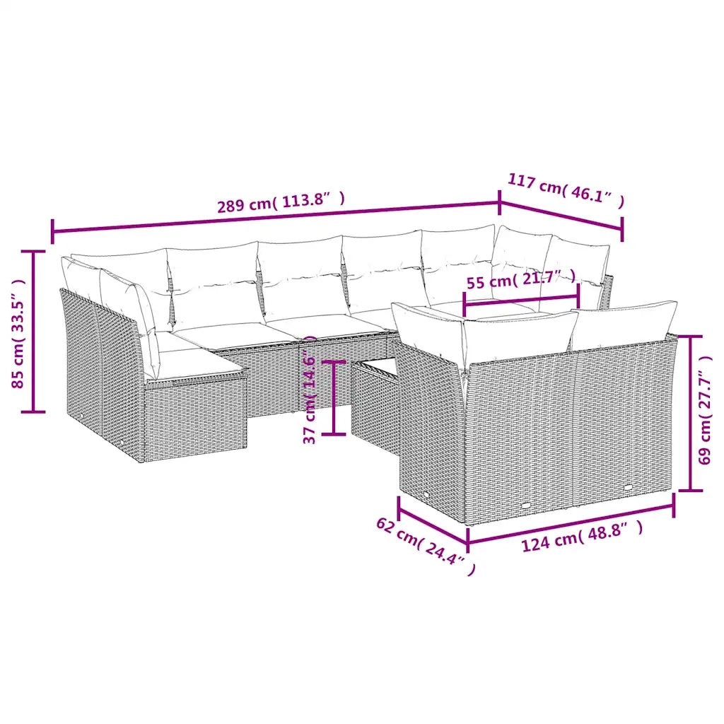 Set Divani da Giardino 10pz con Cuscini in Polyrattan Marrone 3250002