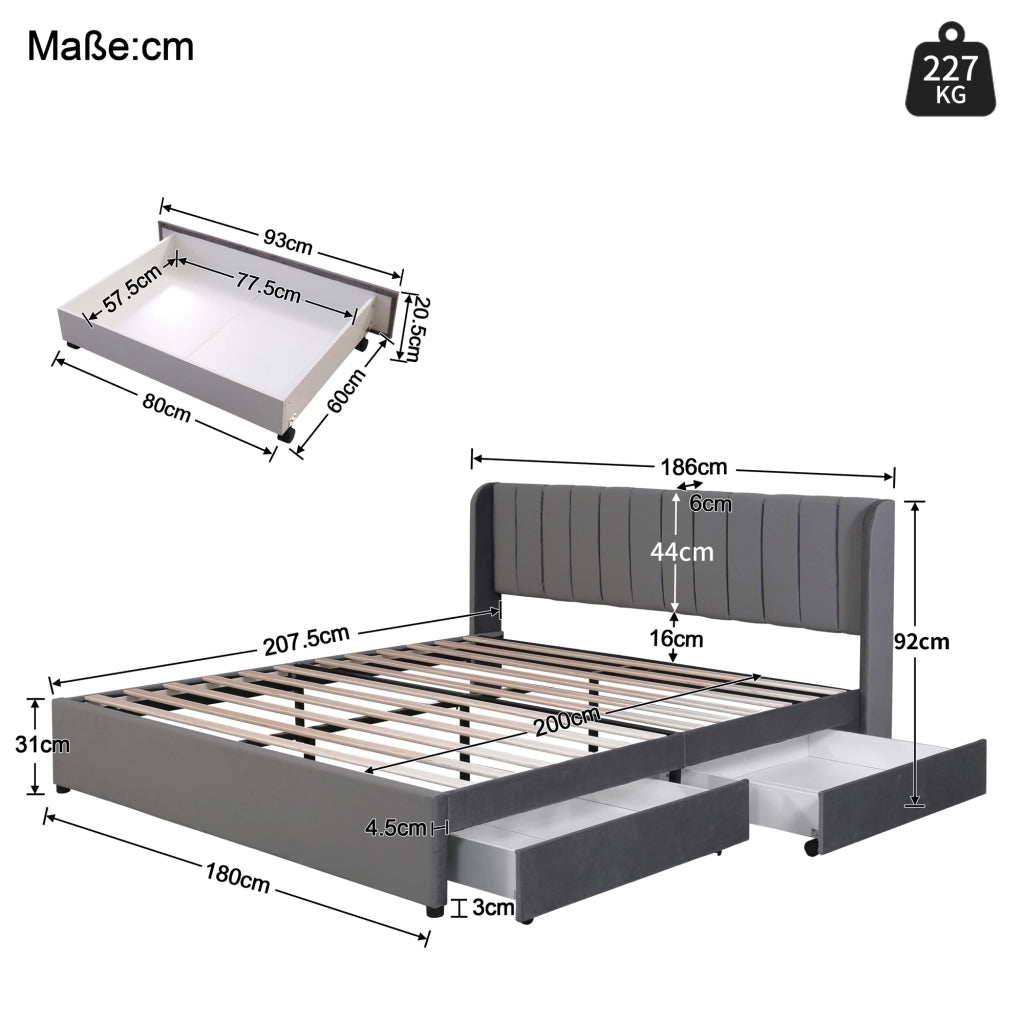 LETTO 180x200 cm in velluto grigio con rete a doghe e 2 cassetti