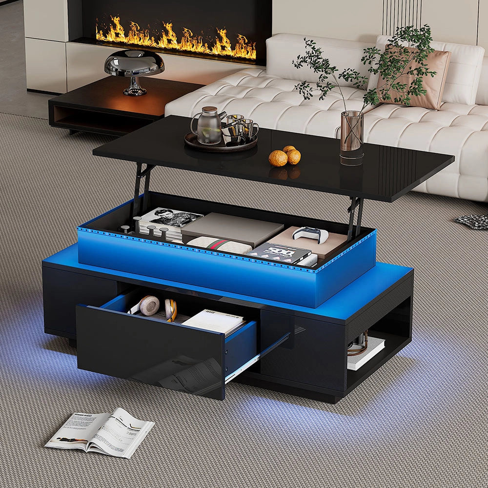 Tavolino-Xylo-96x45x40cm nero regolabile LED con tiroir