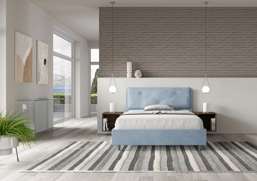 BS COM Letto matrimoniale francese senza rete imbottito 140x190 microfibra azzurro Large