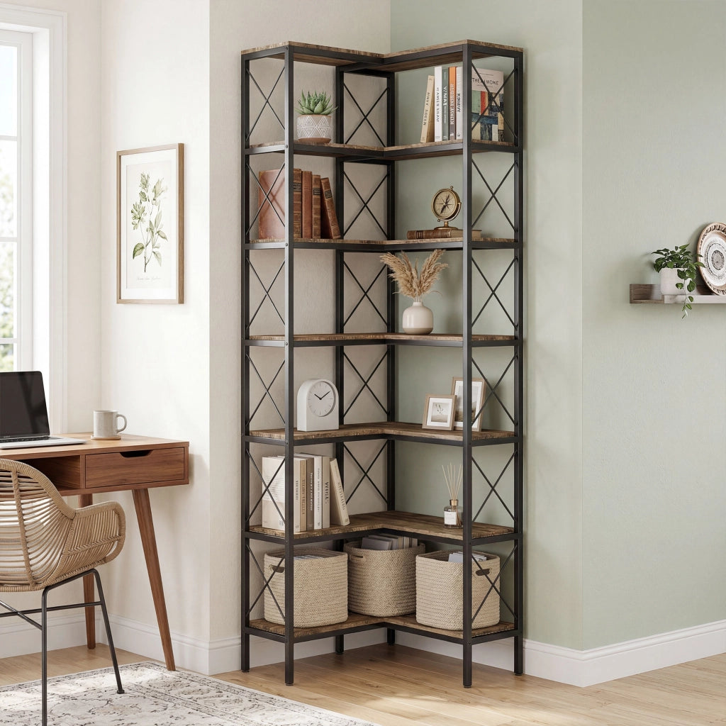 Libreria d'angolo a 6 livelli in metallo ¨C Minimal ¨C 60x60x200 cm marrone rustico