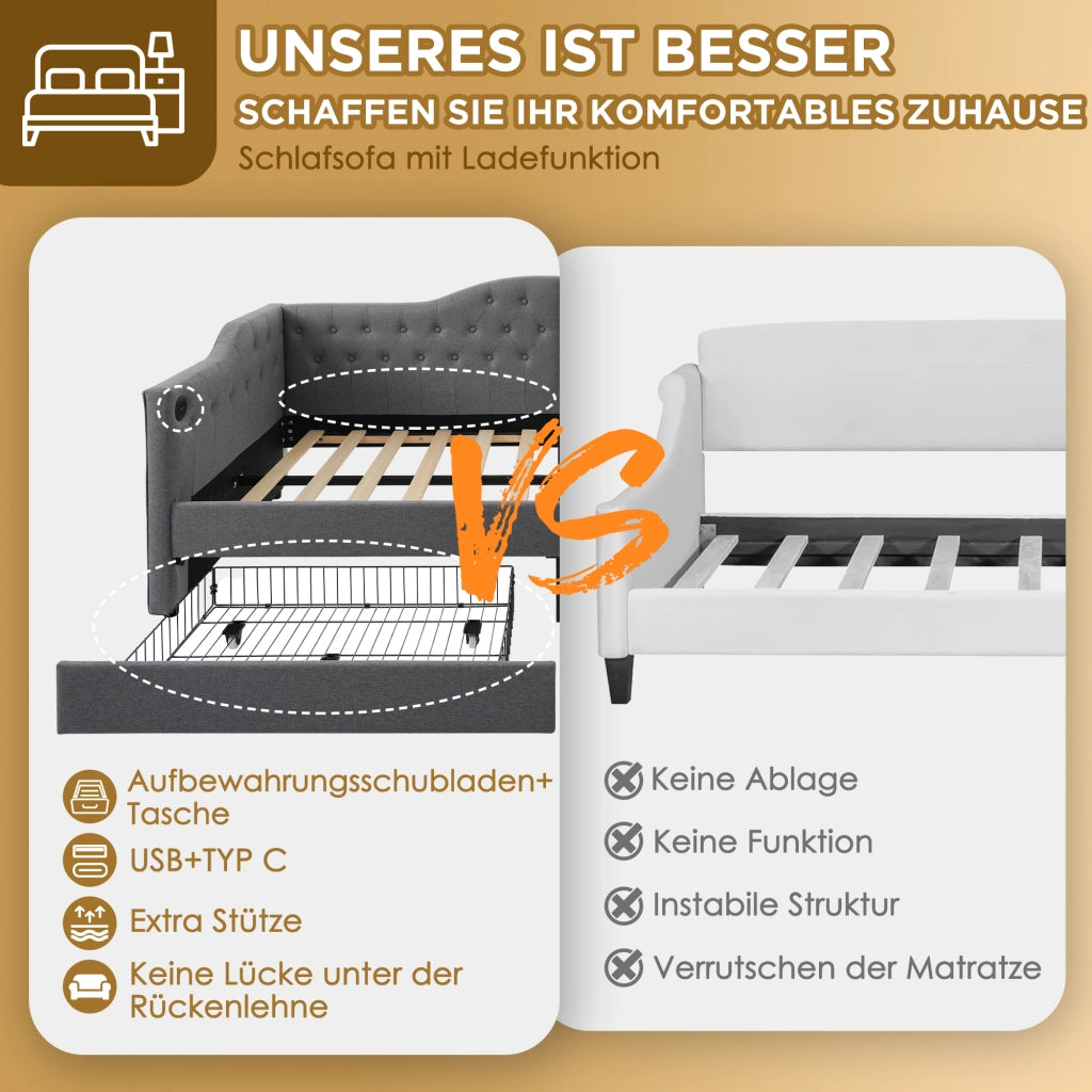 LETTO Daybed 90x200 cm in Lino Grigio con USB Type C e 2 cassetti