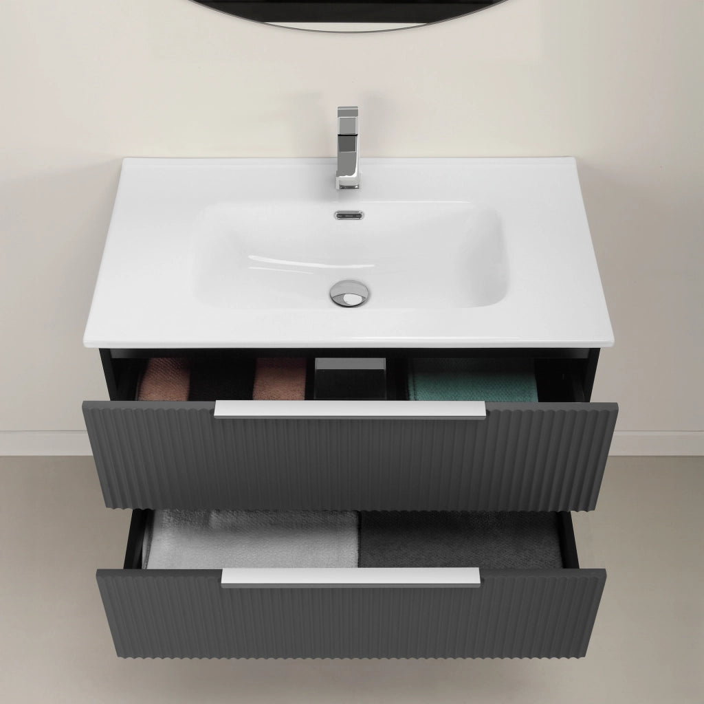 Mobile bagno sospeso 80 cm bicolore grigio cannettato e nero con lavabo  e specchio Zena