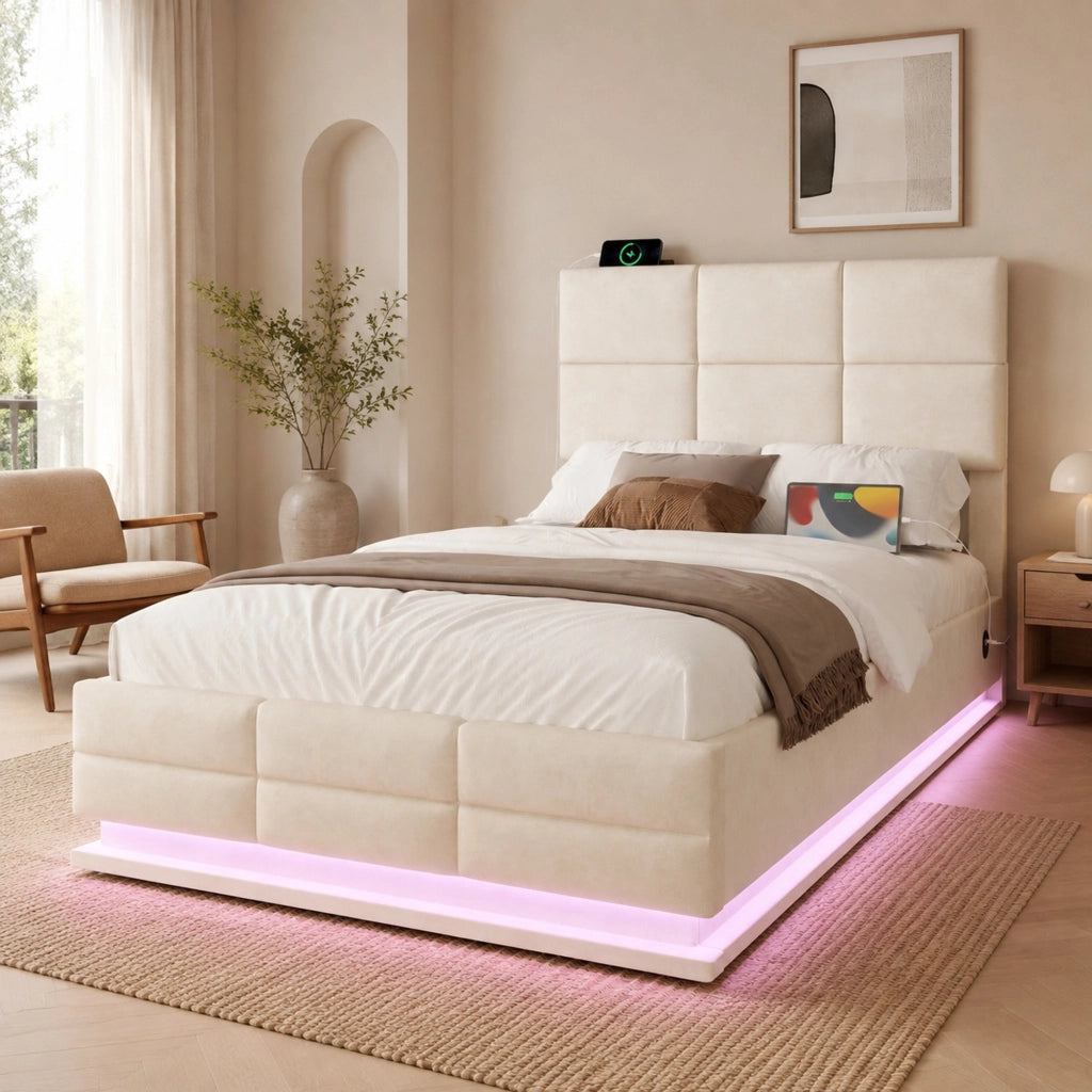 Letto matrimoniale 90x200 cm in velluto beige con LED; USB e contenitore