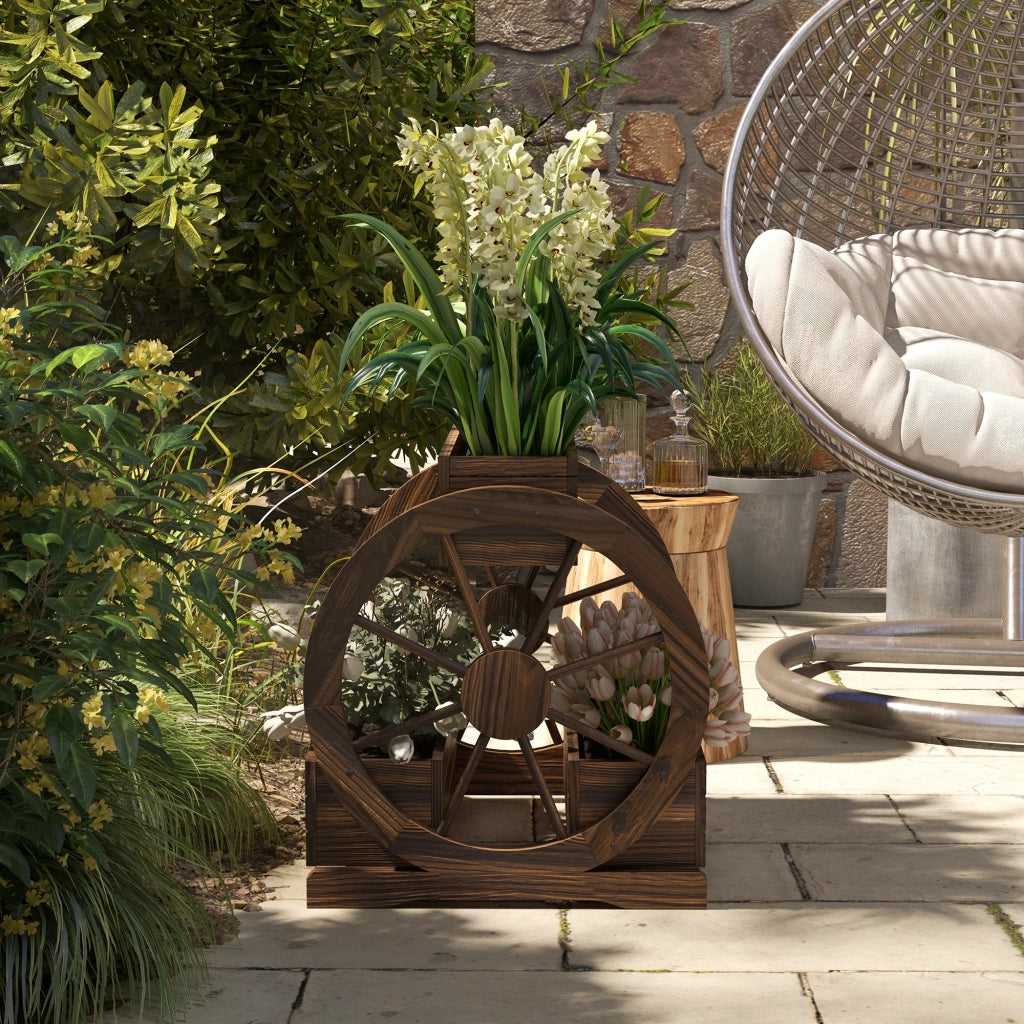 Fioriera a 2 livelli con 3 vasi e ruote in legno per esterno ¨C Zephmum ¨C 64x54x60 cm