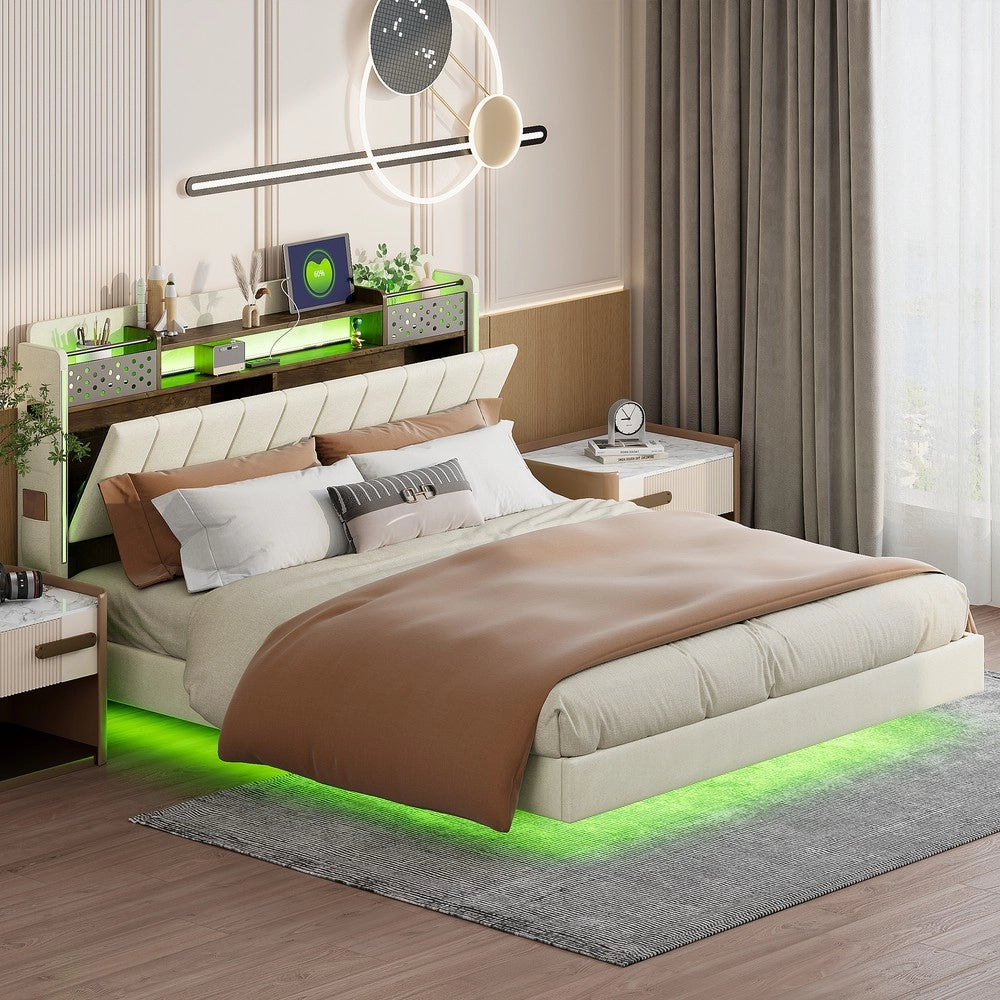 Letto Imbottito Matrimoniale con LED e USB ¨C MINIMAL ¨C Testiera con Contenitore, Tessuto, Beige, 160x200