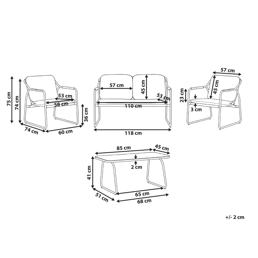 Set da giardino con divano a 4 posti, struttura in acciaio beige, cuscini in olefina e tavolino in vetro temperato: set da per esterni
