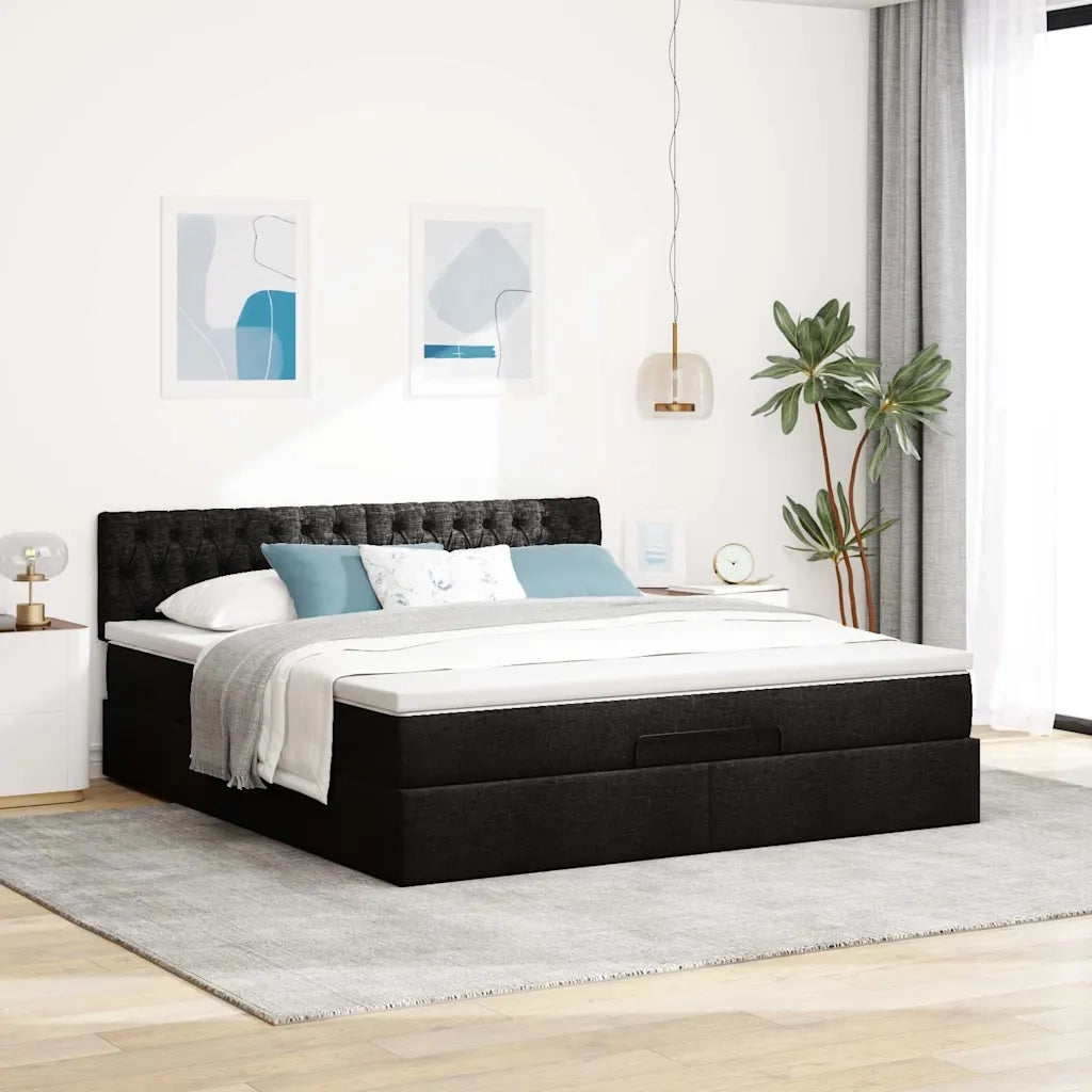 Pouf Letto con Materasso e LED Nero 180x200cm Tessuto