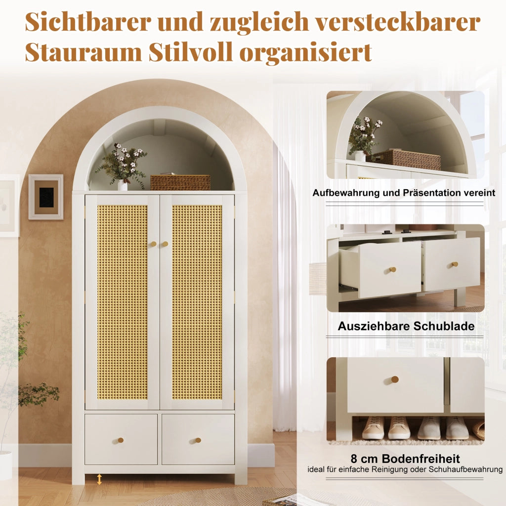 ARMADIO 181x78x45 cm con frontali in rattan, bianco, 2 cassetti