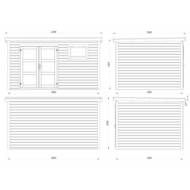 Casetta da giardino in legno 385x282 cm, pareti 28 mm grezze con porta doppia e finestra, per deposito attrezzi esterno - Esterni da Vivere