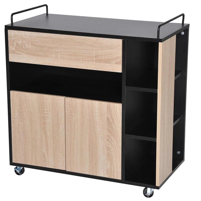 MOBILETTO DA CUCINA CON CASSETTI E RUOTE 76.5X40X82 CM IN LEGNO ROVERE E NERO