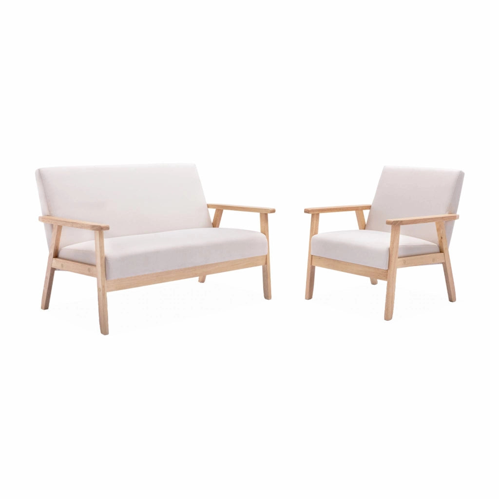 Set panca e poltrona in legno e tessuto, 3 posti, beige