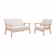 Set panca e poltrona in legno e tessuto, 3 posti, beige