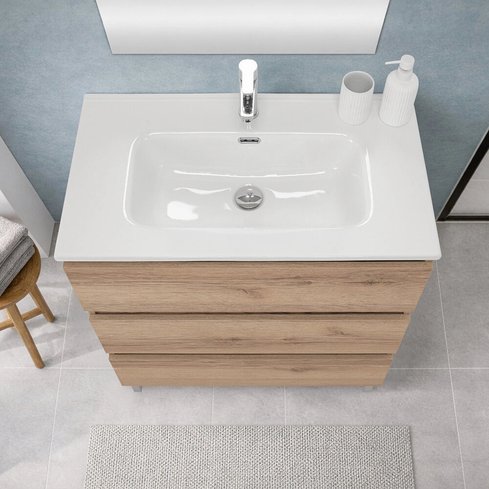 Mobile bagno a terra 80 cm in quercia naturale con lavabo e specchio Leda