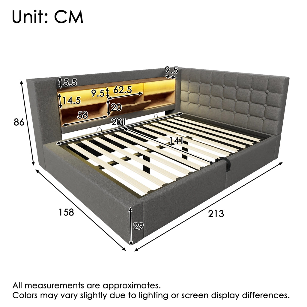 LETTO imbottito 140x200 cm in tessuto grigio con LED, USB e vano contenitore