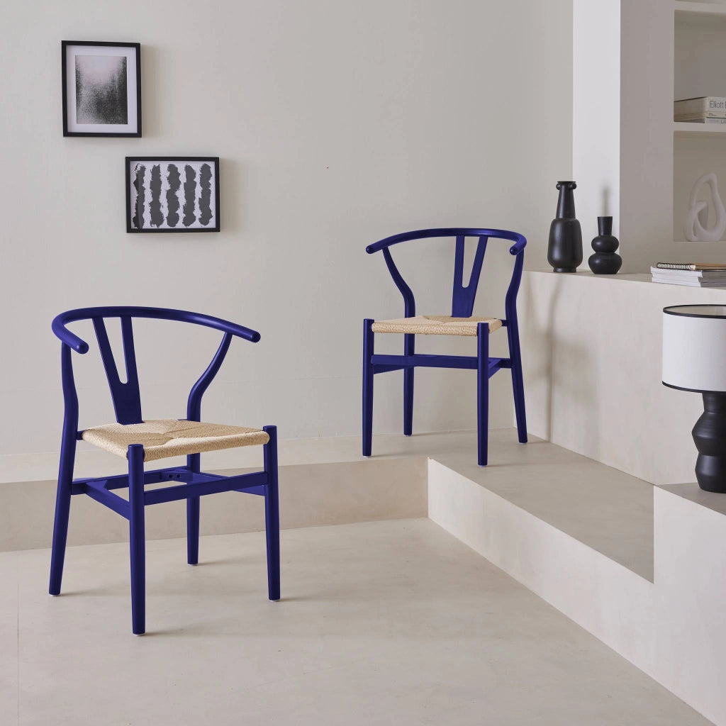 Set 2 sedie in legno con seduta in corda, blu