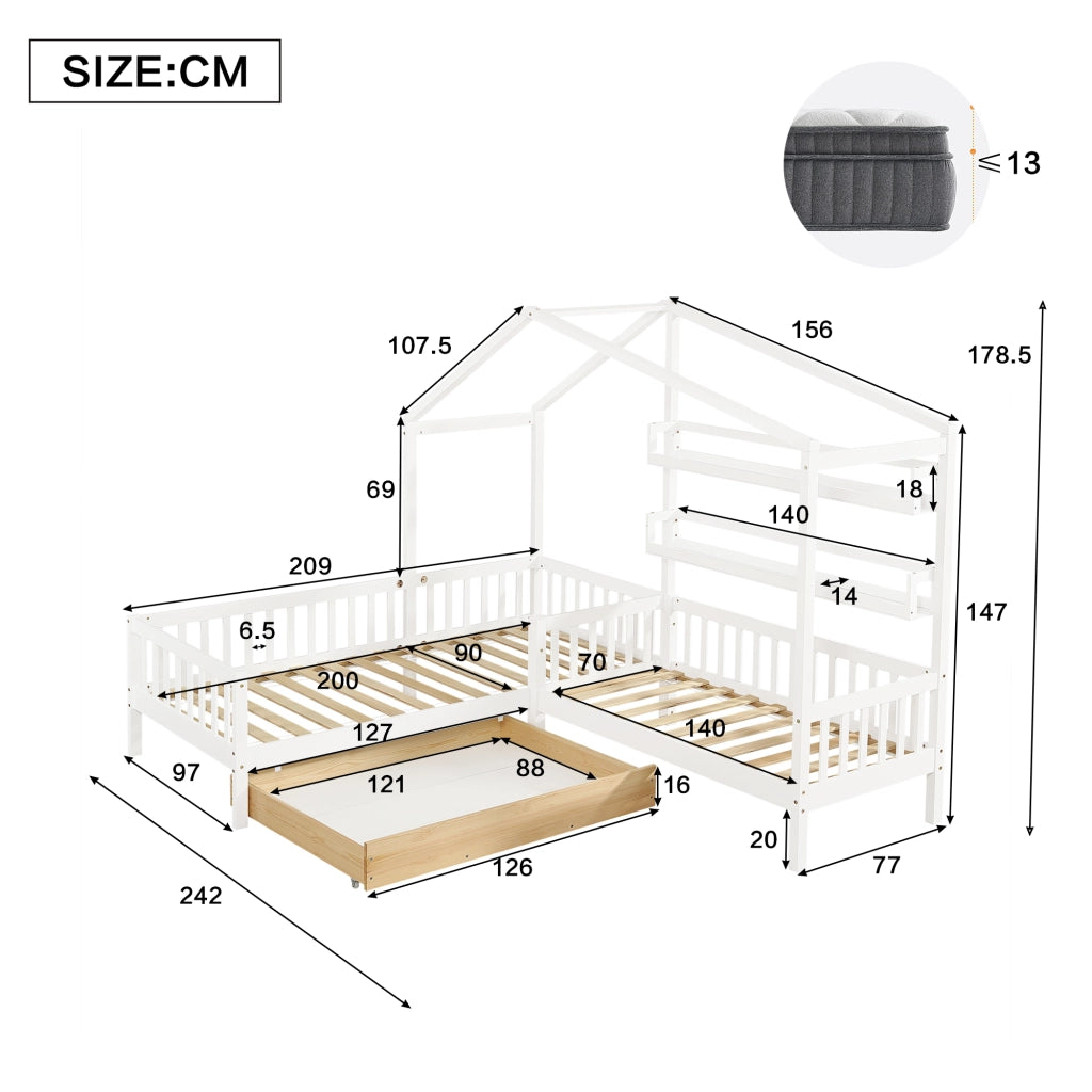 LETTO a casetta con cassetti e ripiani 242x209x178,5 cm Bianco