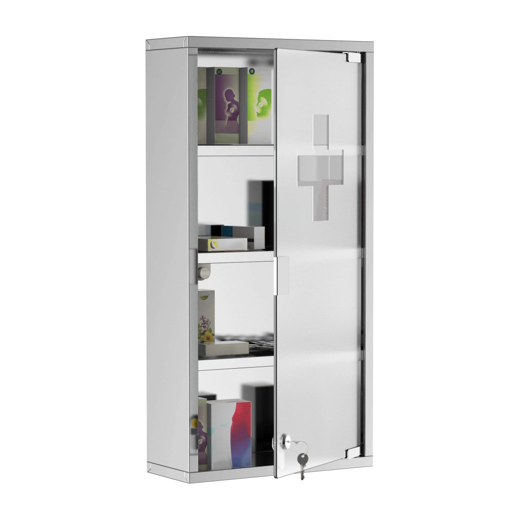Armadietto da bagno con serratura in acciaio inox e vetro satinato per medicinali, per bagno, argento, 30 × 12 × 60 cm
