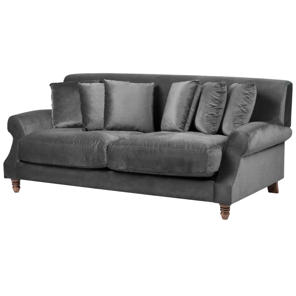 Divano con 6 cuscini Rivestimento in velluto grigio Gambe in legno chiaro 2 posti