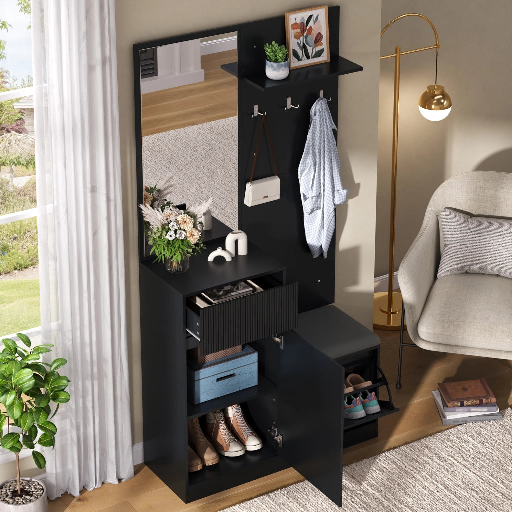 ARMADIO INGRESSO con scarpiera, specchio e LED 105x38x190 cm Nero