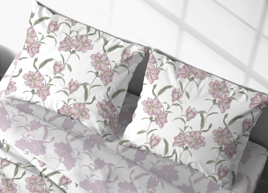 Coppia Federe Cuscino Letto Double Face 100% Cotone Disegno Magnolia GI - Federe - Rosa