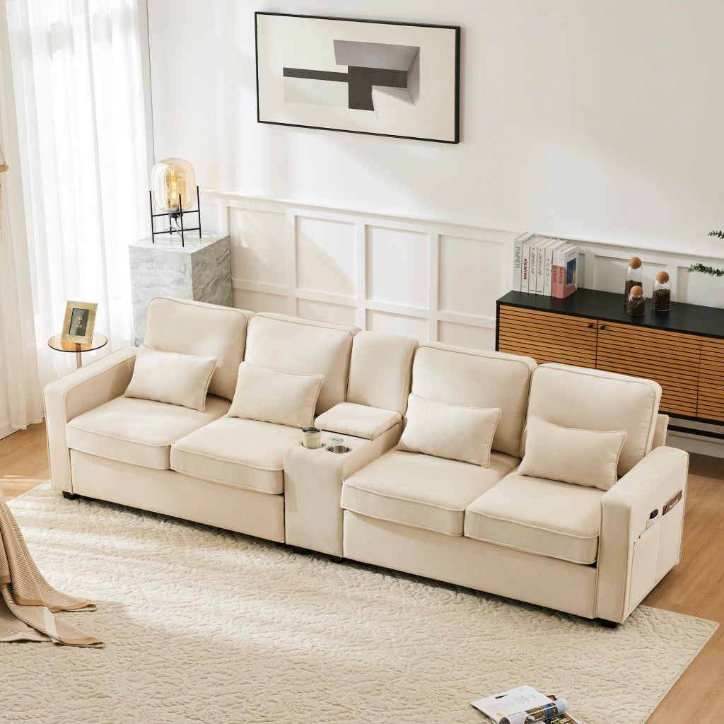 Sofa moderno 4 posti - Zephmum- Tessuto lino con console, porta bevande, USB, tasche braccioli