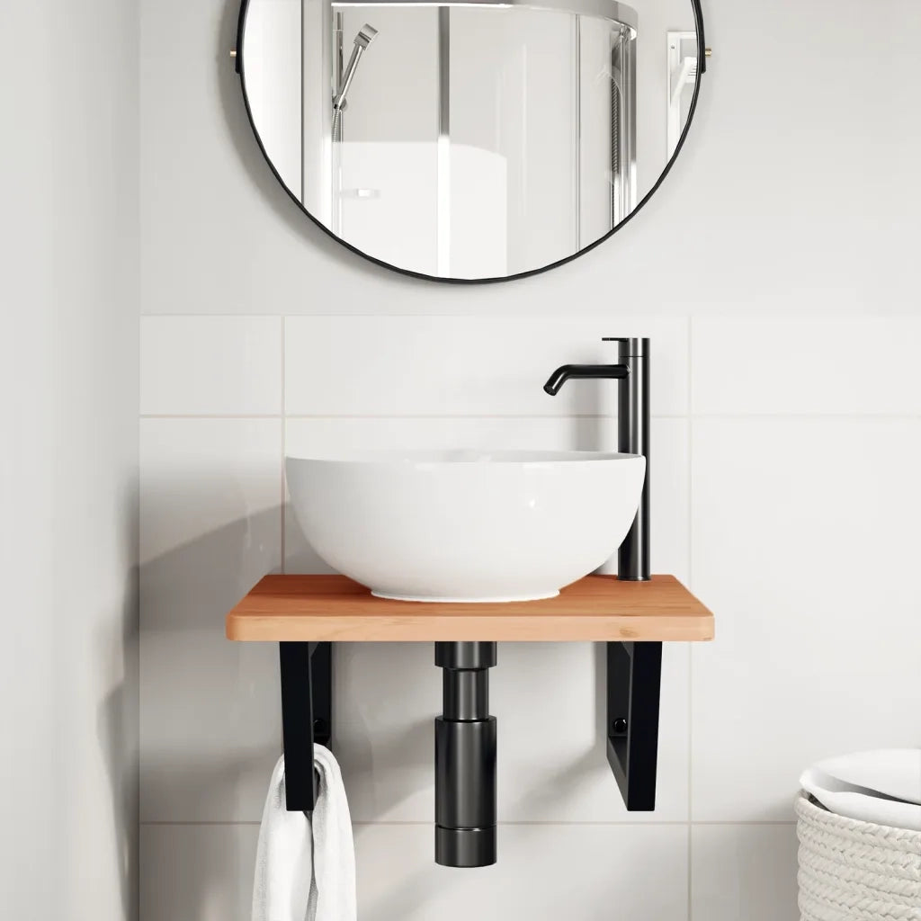 Ripiano a Parete per Lavabo-Mensole a Muro in Acciaio e Massello di Faggio 573679
