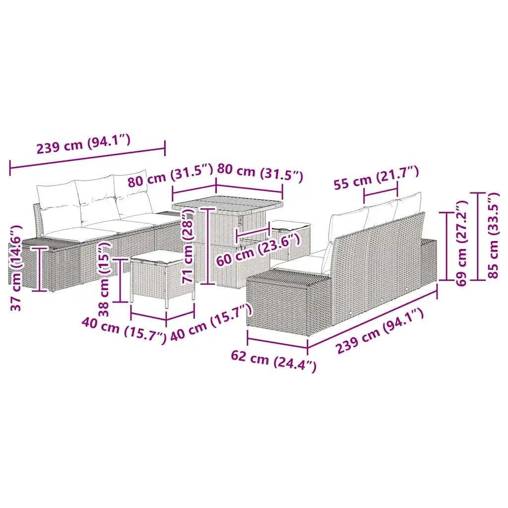 Set Divano da Giardino con cuscino 9 pcs Nero polyrattan 3362735