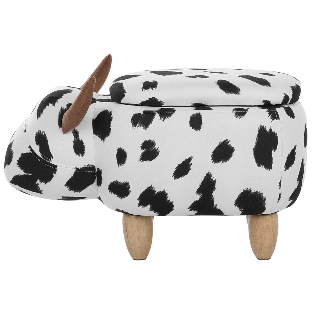 Sgabello per bambini Animale Mucca con contenitore Poggiapiedi per bambini in finta pelle nera e bianca con gambe in legno