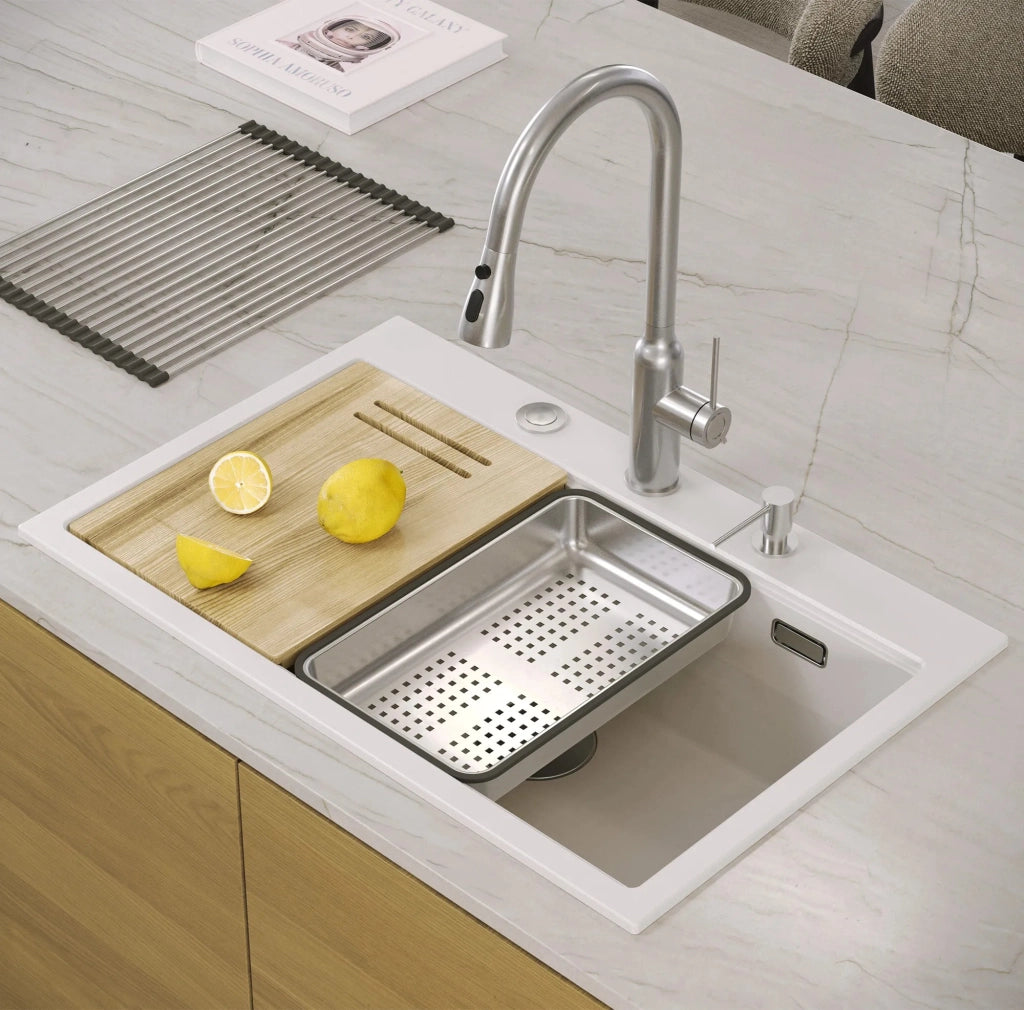 Lavello In Granito Marc 110 Workstation White Tappo oro