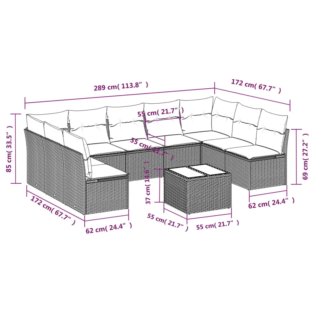 Set Divani da Giardino 10pz con Cuscini in Polyrattan Nero