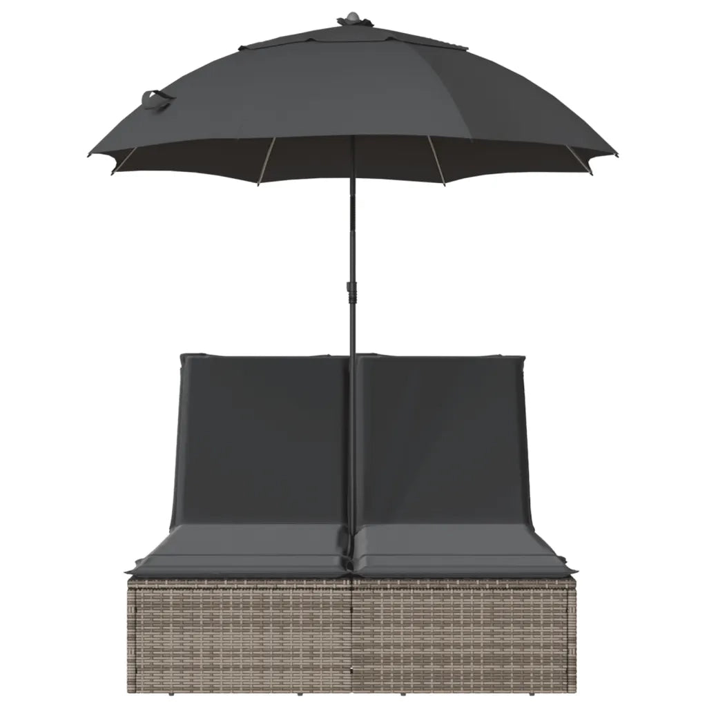 Lettino Prendisole Doppio Cuscini e Parasole Grigio Polyrattan 368083