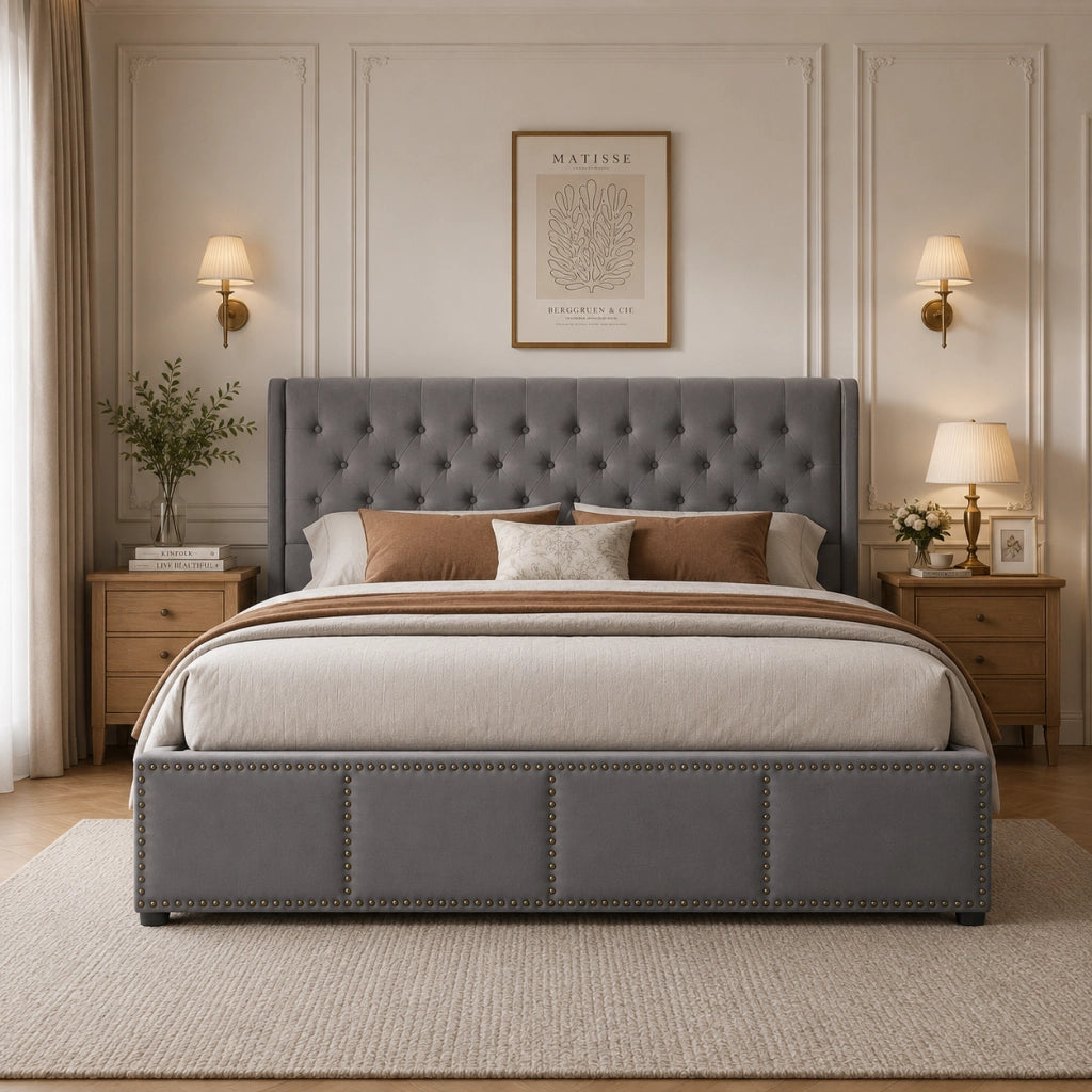 letto con contenitore in velluto grigio 140 x 190 cm