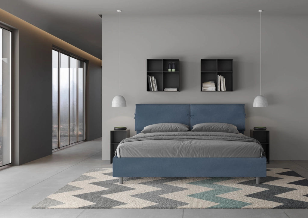 BS COM Letto matrimoniale king size con rete imbottito 180x200 microfibra blu