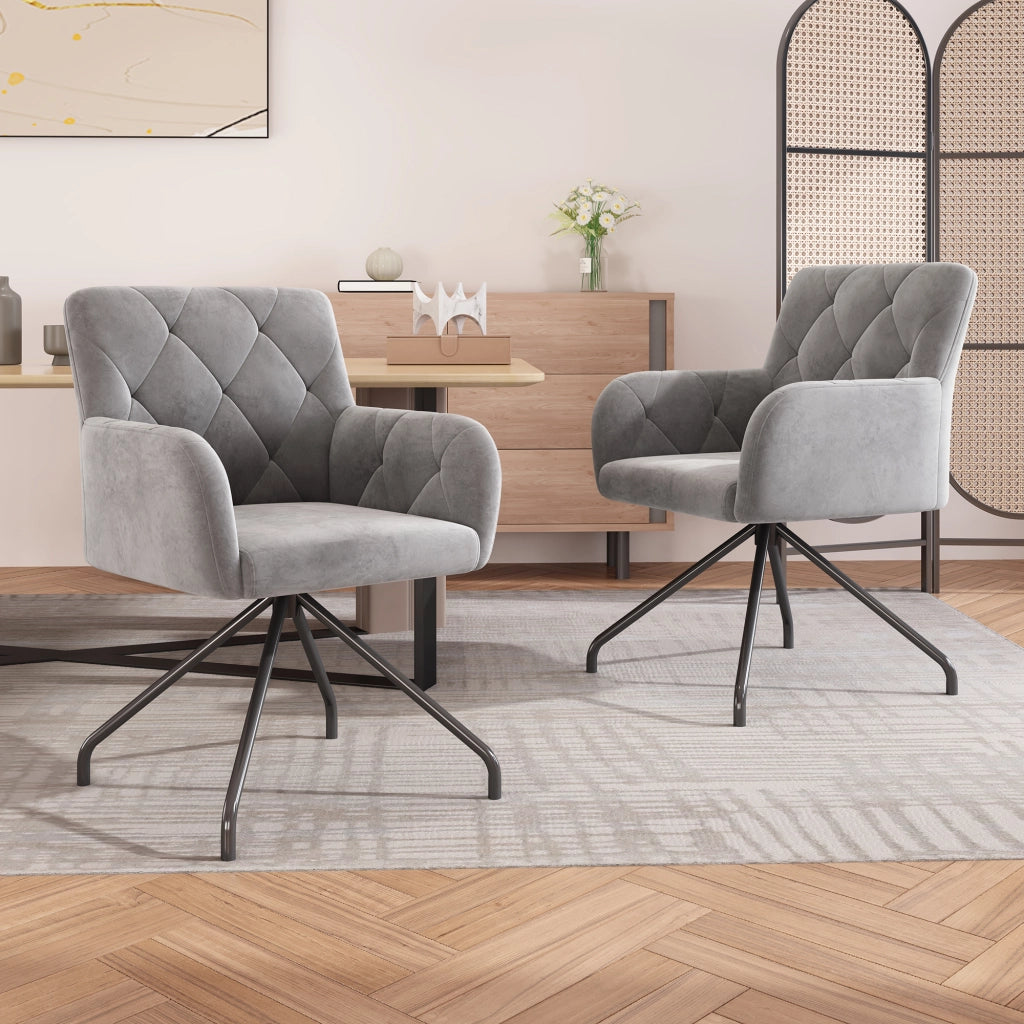 Sedia da Pranzo Set da 2 con Schienale Ergonomico e Braccioli, in Velluto Grigio Chiaro