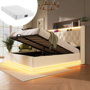LETTO imbottito 140x200 cm bianco PU con LED, USB Tipo-C e contenitore idraulico