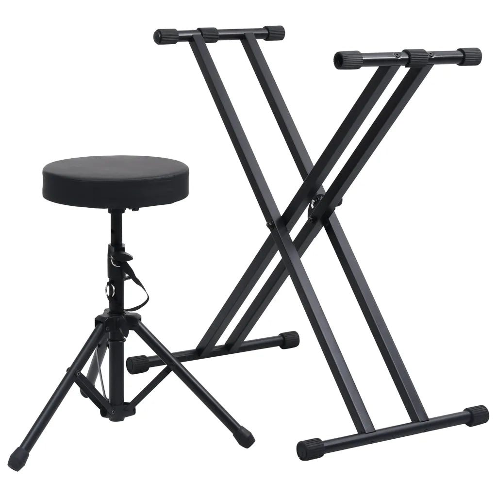 Set Supporto per Tastiera a Doppia Staffa con Sgabello Nero 70096
