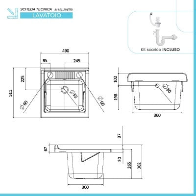 Mobile lavatoio 50x50 cm vasca in resina con asse e kit di scarico