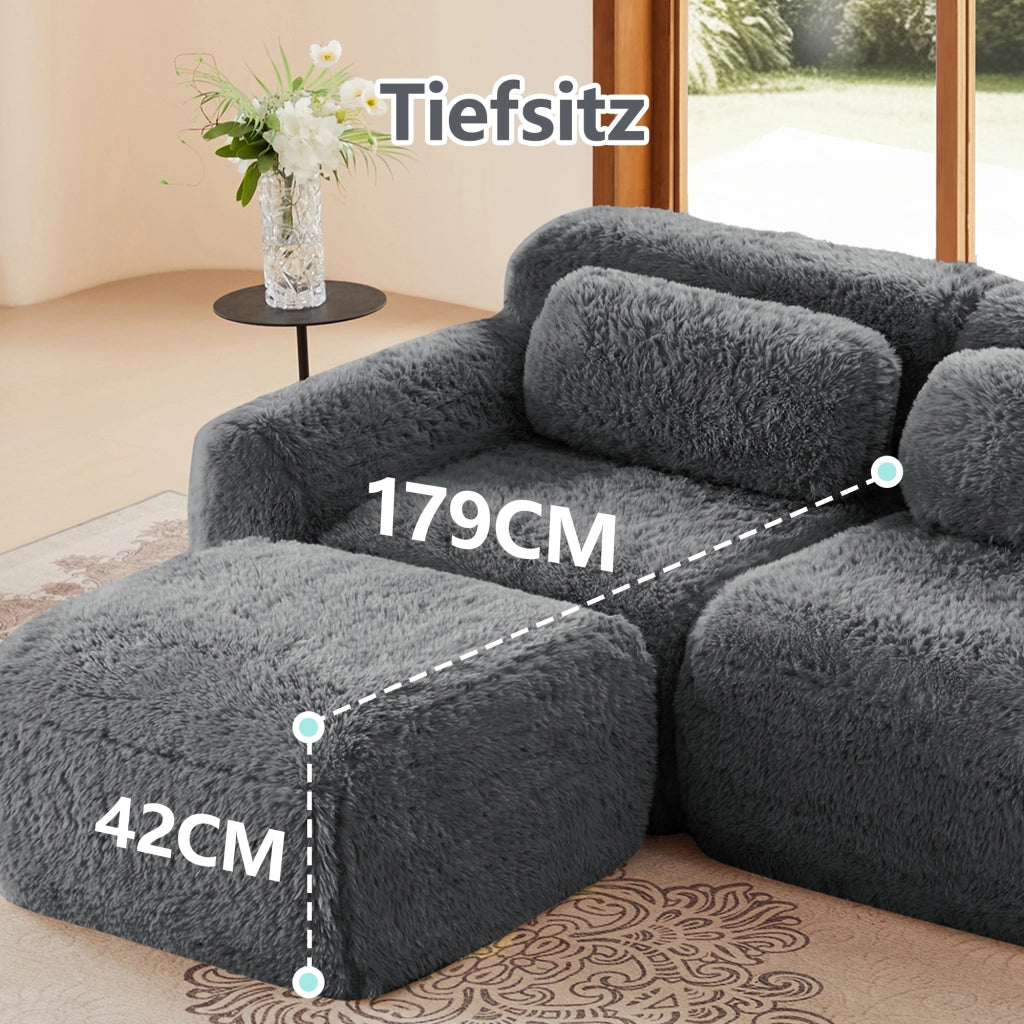 Sofa a 4 posti - Zephmum - Tessuto peluche premium, base antiscivolo, cuscini inclusi, schiuma elastica