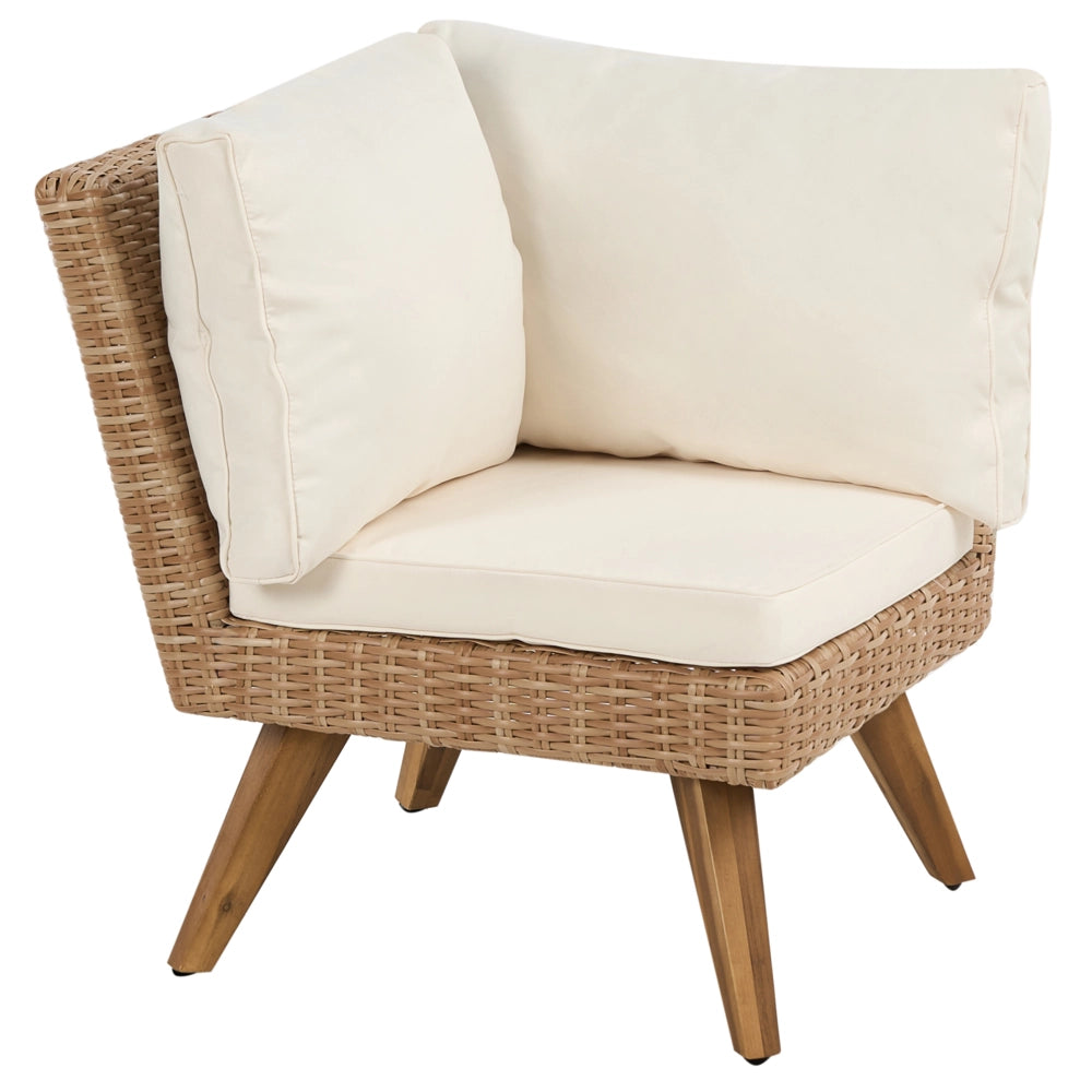 Set da Giardino in Rattan PE con Divano ad Angolo 6 Posti Tavolino e Cuscini Bianco Sporco Stile Country