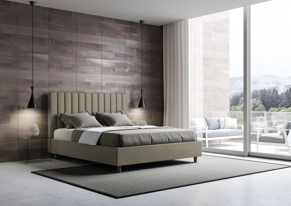 BS COM Letto queen size con rete imbottito 150x210 similpelle cappuccino