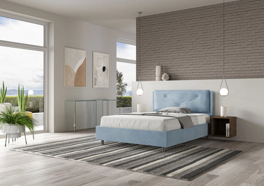 BS COM Letto matrimoniale francese contenitore imbottito 140x210 microfibra azzurro Large