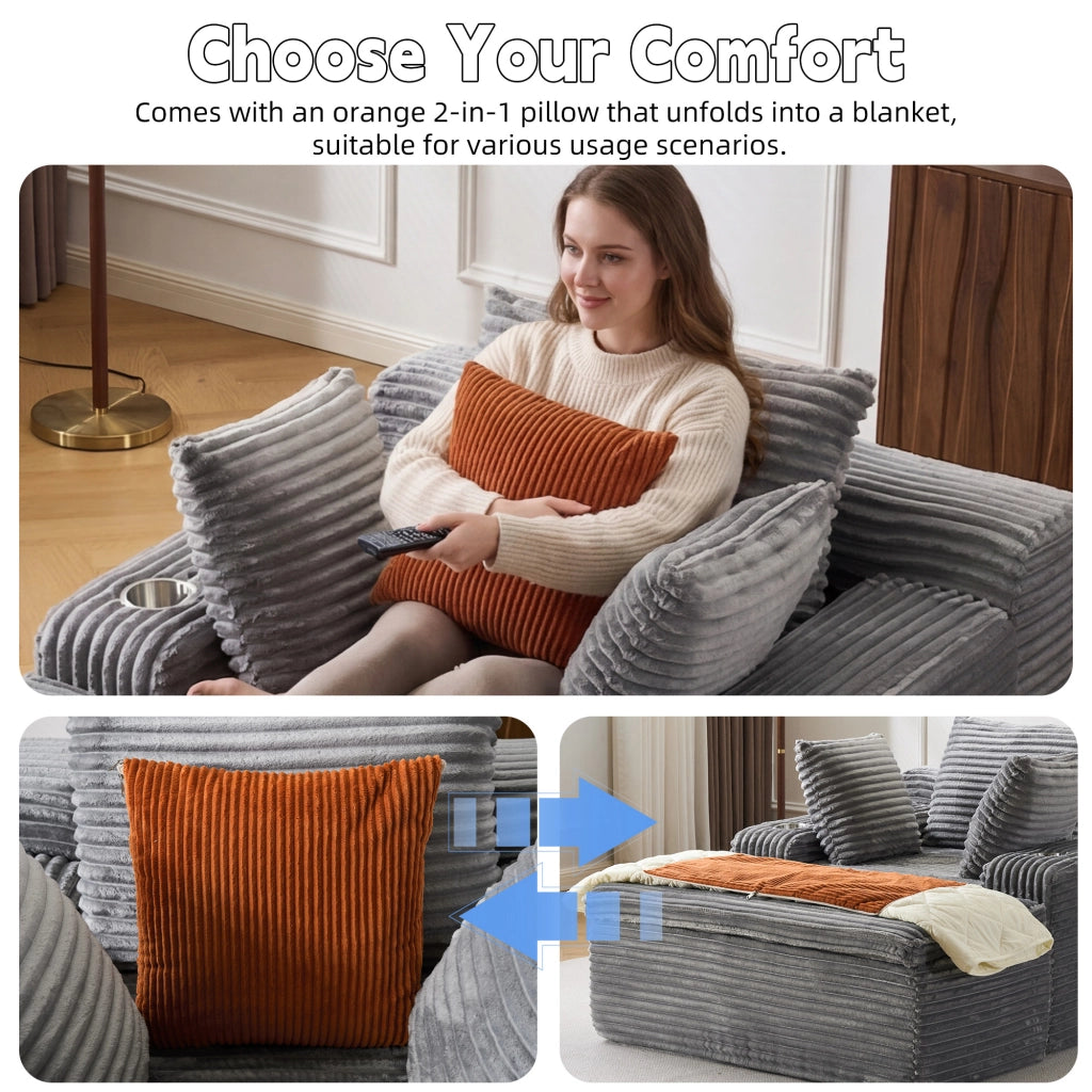Divano letto con chaise longue ¨C Minimal ¨C grigio, tessuto, 3 cuscini