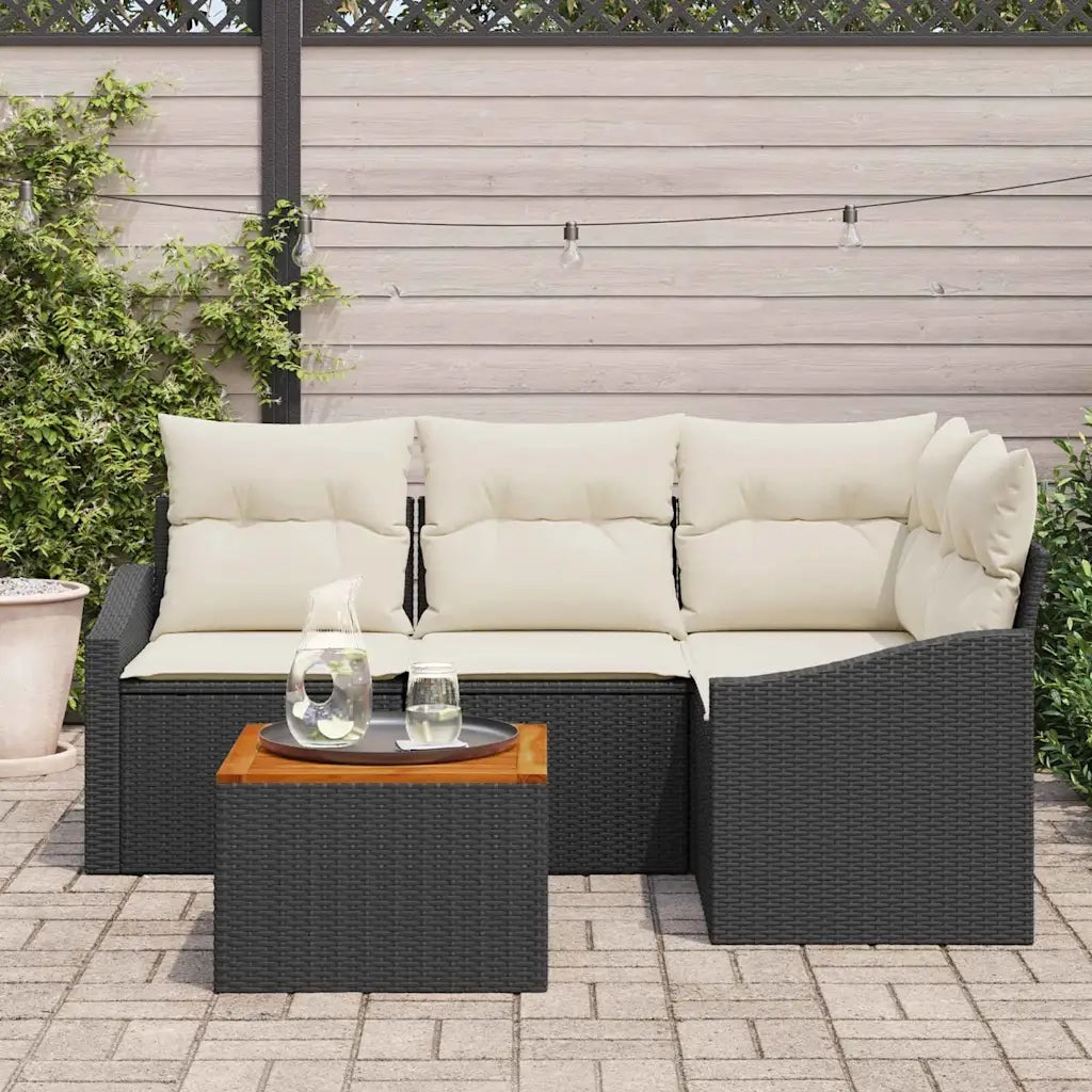 Set Divano da Giardino 5 pcs Nero e Crema polyrattan